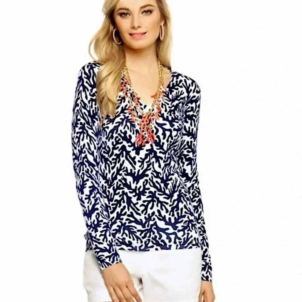 Lily Pulitzer Adelaide V Neck Sweater Size XL Navy Blue White Corral Print